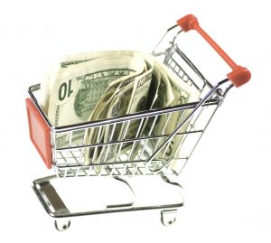 shopping cart with money, savings, BaZing