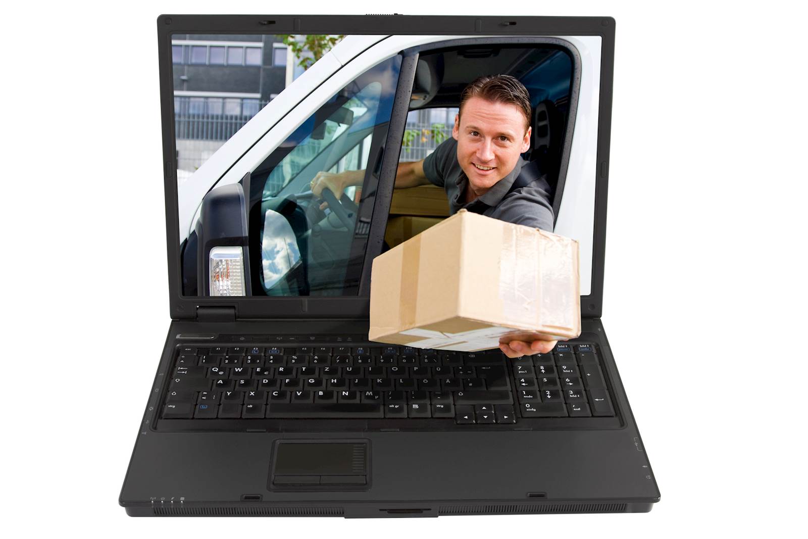 Man delivering boxes from a van window