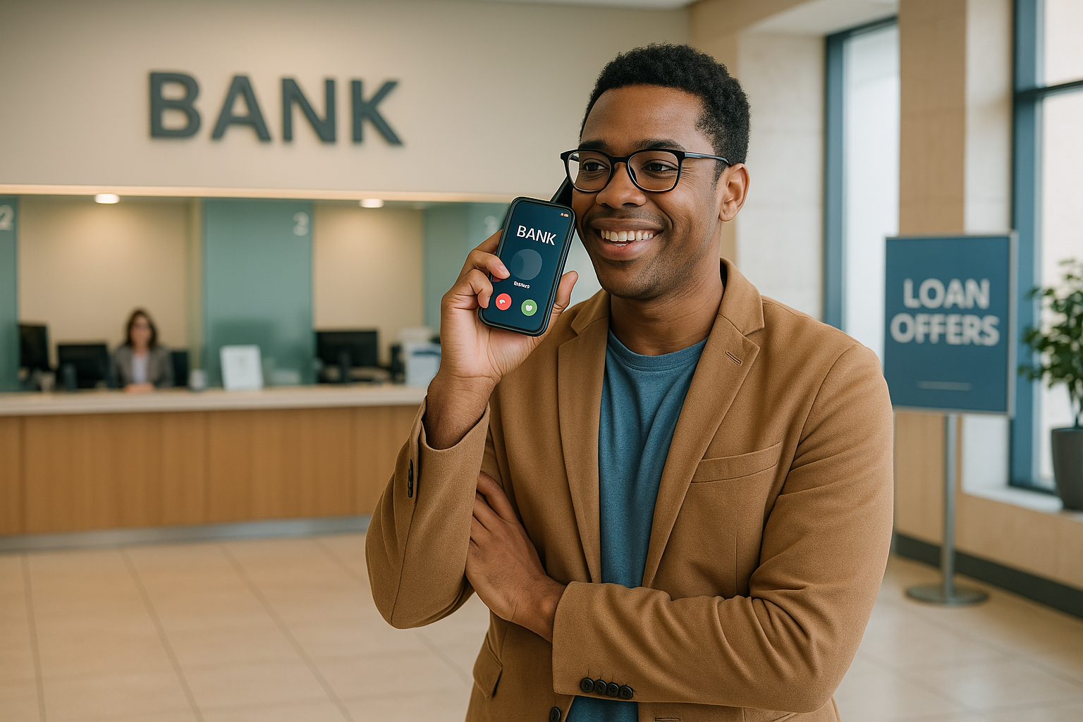 Man holding his phone while in the bank while the bank is calling him